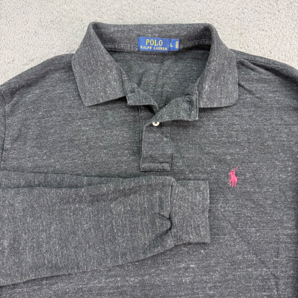 Polo Ralph Lauren Polo Shirt Mens L Gray Long Sleeve Heathered Pink Pony Logo